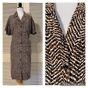 Ellen Tracy Brown Black Cream Zigzag Midi Shirt Dress